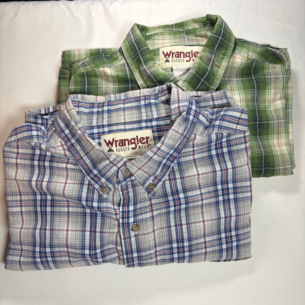 Lot of Wrangler Rugged Wear Mens XLT Plaid Button Down Shirts Green Blue RWL84GY